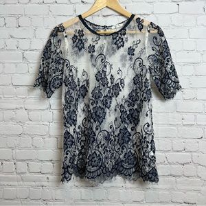 Maurices Sheer Floral Lace Top Navy White blouse L